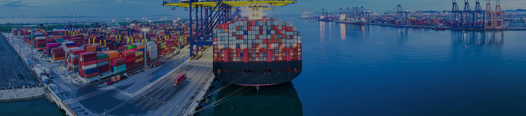 Large loaded cargo ship docked